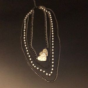 Vintage Guess Layered Heart Necklace - Black with Pearl & Rhinestone ❤️‍🔥❤️‍🔥